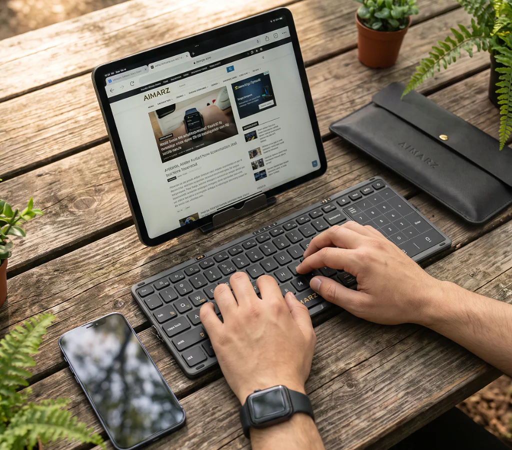 Hands typing on AF01 beside a tablet and travel pouch