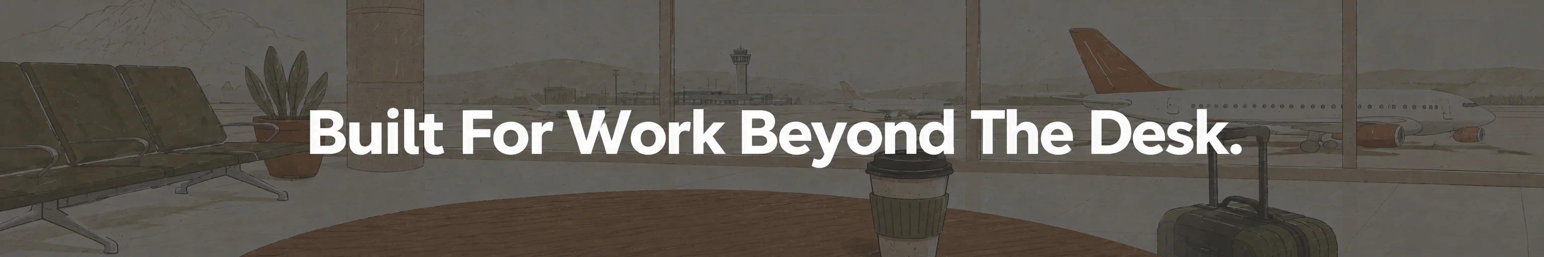 Illustrated airport workspace with a portable setup and luggage