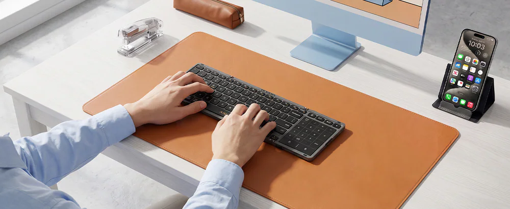 AF01 used at a bright office desk with a phone on a stand