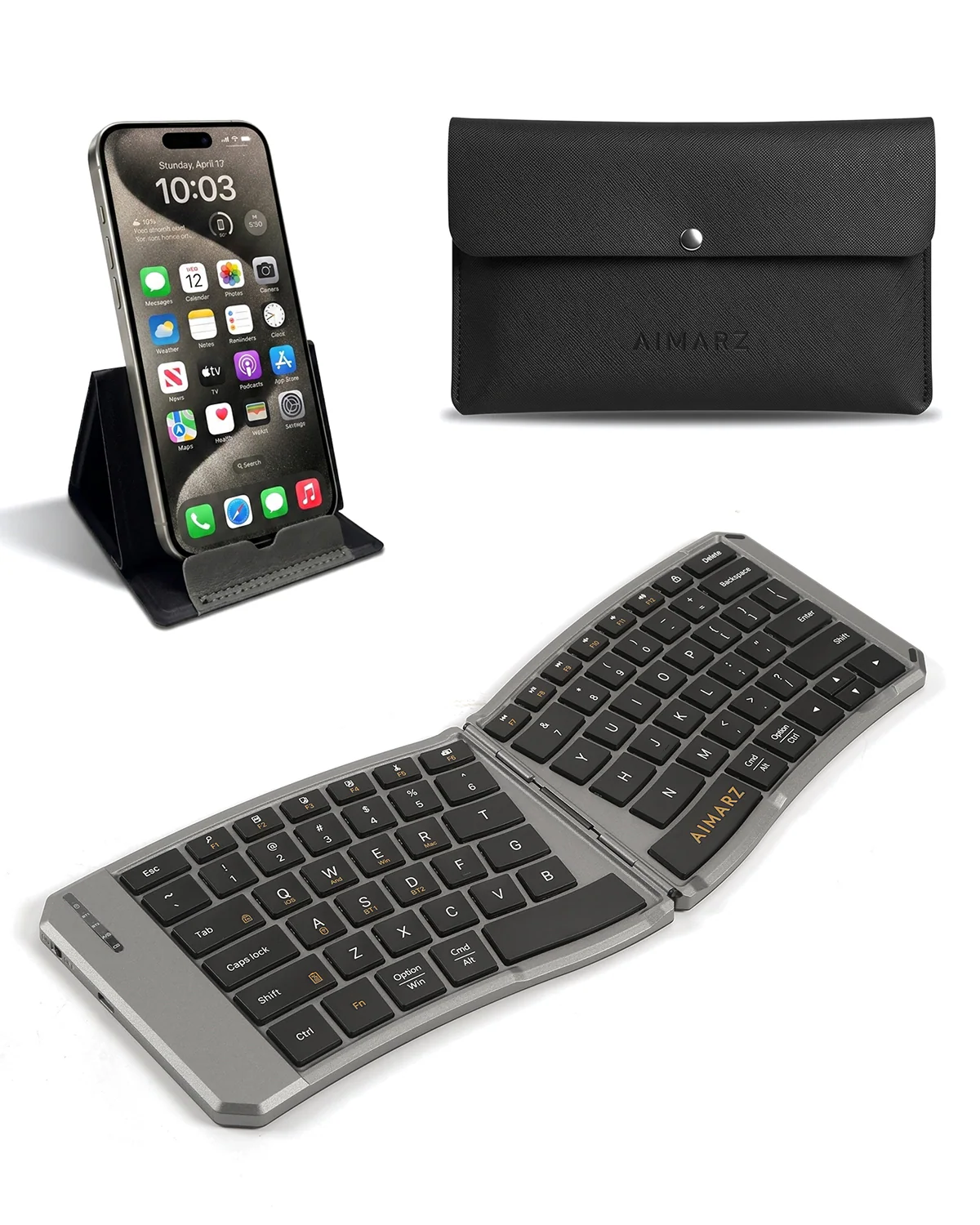 AF02 ergonomic split keyboard with a phone on the fold-flat stand and the leather pouch