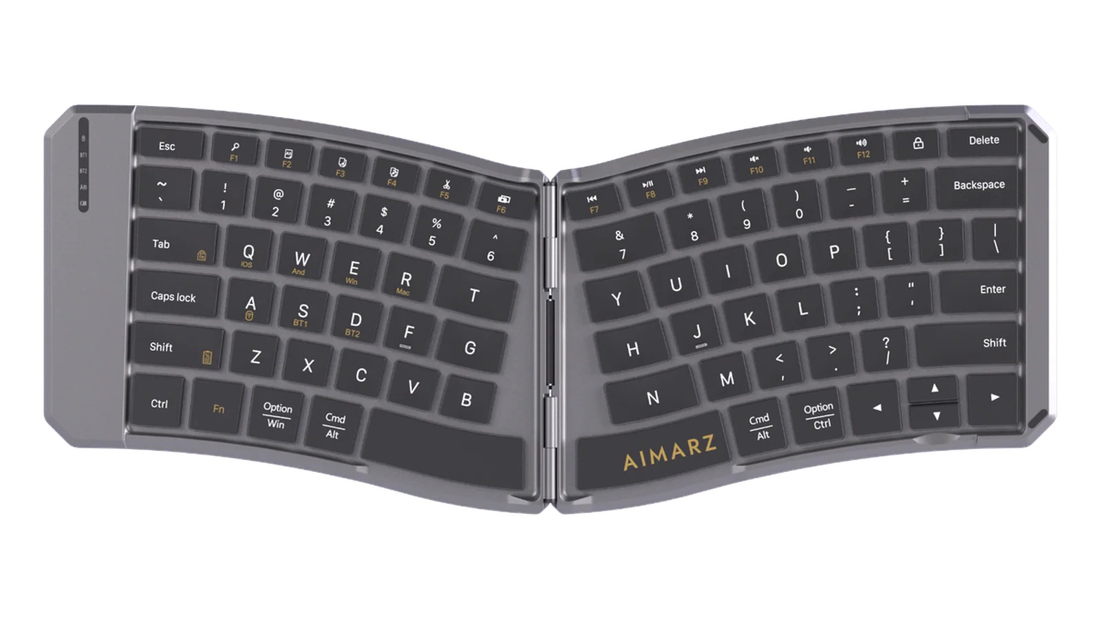 Aimarz AF02 angled split foldable keyboard fully open in a front view