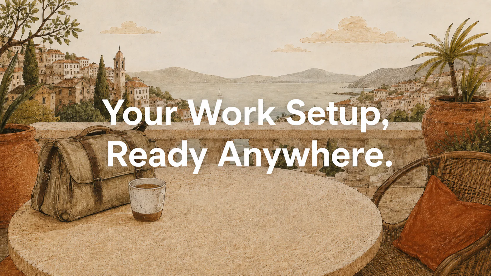 Illustrated terrace workspace with a travel bag, coffee and a clear work surface