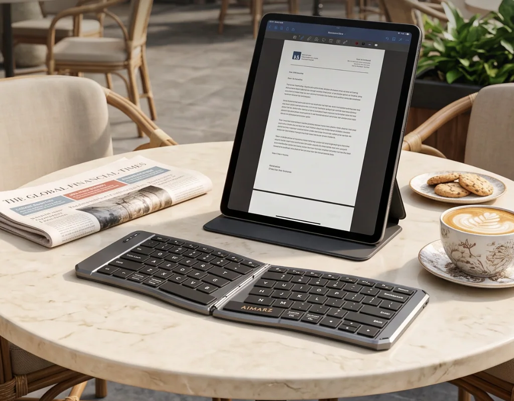 Aimarz AF02 keyboard beside a tablet for focused document work